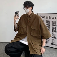harajuku japanese style tooling short sleeve shirt men summer oversized couple clothes unisex loose pocket casual shirt coat