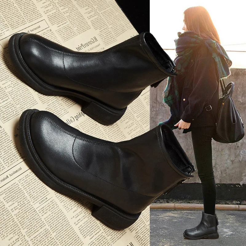 

Women Casual Boots Black Leather Platform Booties Woman Autumn Winter Fashion Waterproof Boots Autumn Winter Shoes Chelsea Boots