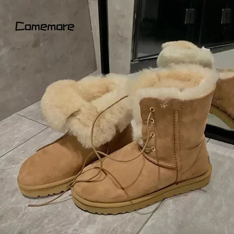 

Comemore 2024 New Platform Flat Snow Boot Woman Lace Up Faux Suede Cotton Padded Shoes Warm Thicken Plush Winter Boots for Women