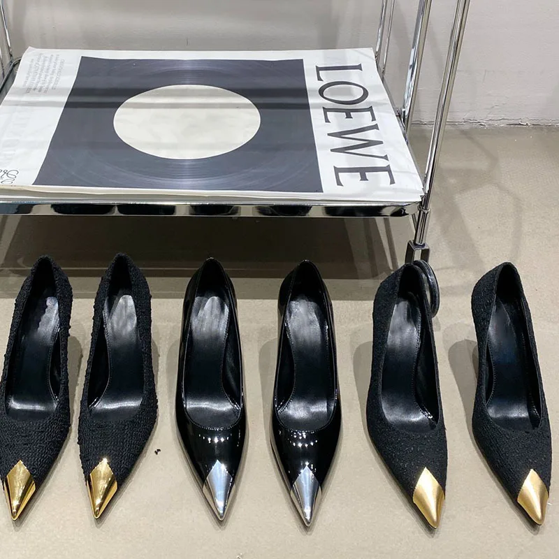 2023 Summer New Metal Pointed Black Lacquer Thin Heel High Heel Shoes Women's Versatile Shallow Mouth Single Shoes