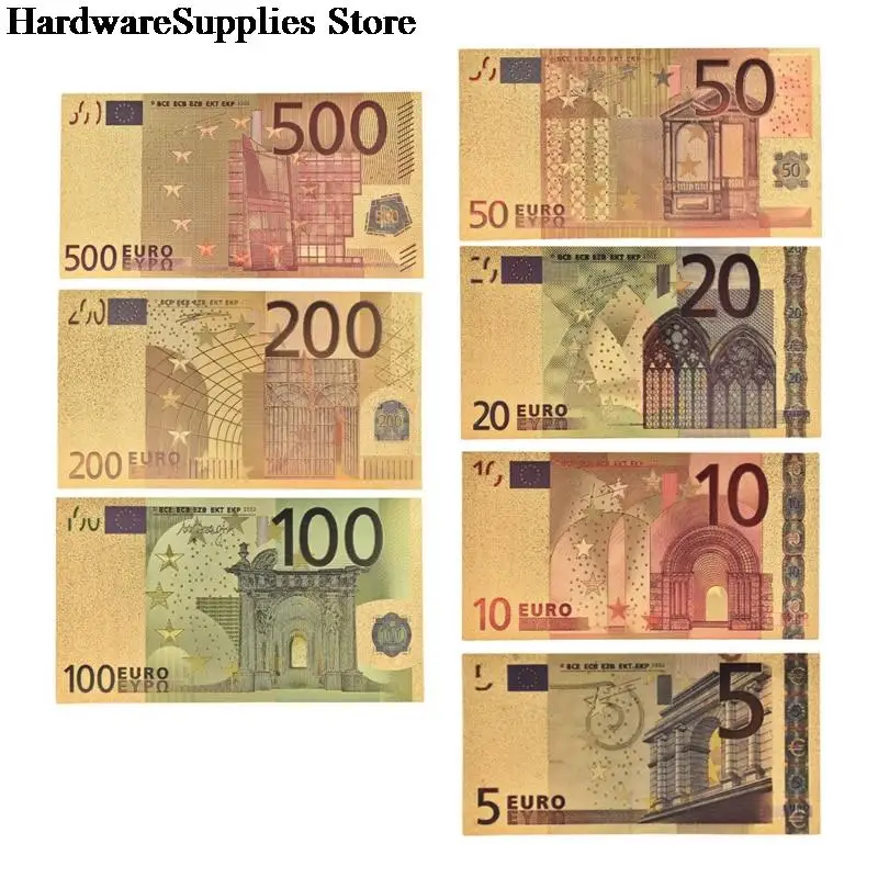 

7PCS 5 10 20 50 100 200 500 EUR Gold Banknotes in 24K Gold Fake Paper Money for Collection Euro Banknote Sets