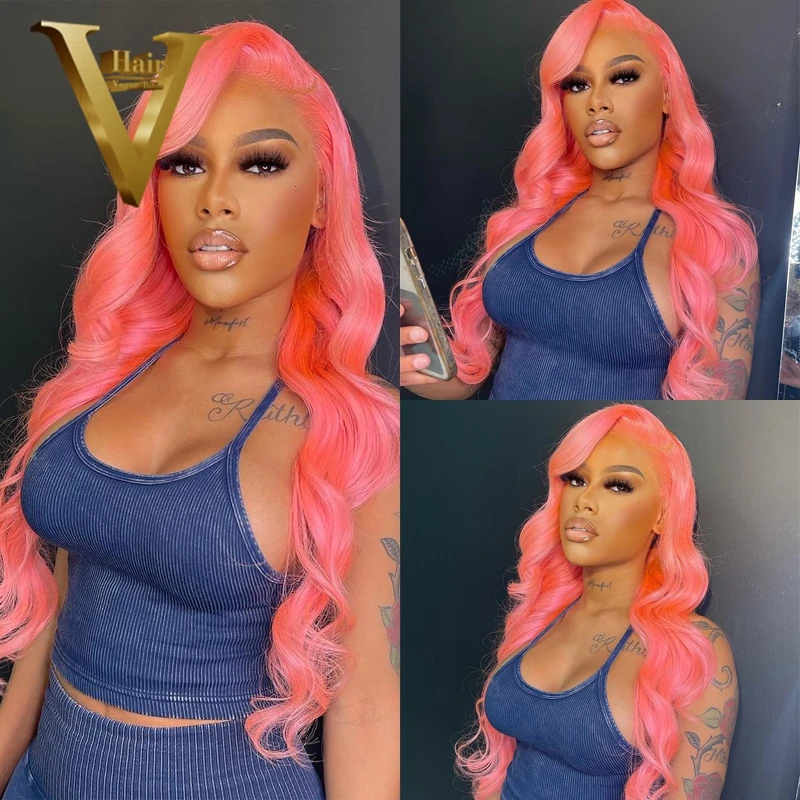 

Light Pink Body Wave Lace Front Wig Cosplay Human Hair Wigs For Women 13x4 Transparent HD Lace Frontal Human Hair Wigs For Women