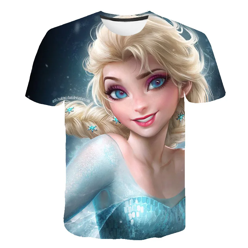 Girls Clothes Anime Frozen Lovely Printed 3D T-shirt Summer Wild Face Casual O-neck Short Sleeve Cosplay Funny Anna Elsa T-shirt