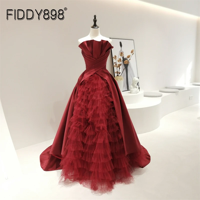 

Layered Evening Dresses Red Satin Prom Dress Strapless Evening Gown For Woman Floor Length vestidos de novia LDR0025