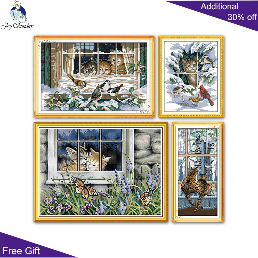 Набор для вышивки крестиком Joy Sunday с изображением пейзажа из окна кошки и птицы