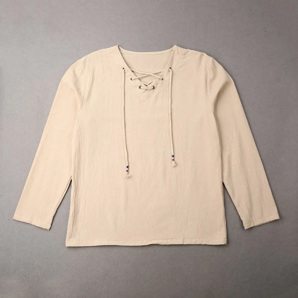 men fashion trend pullover bottoming shirt summer autumn new solid V-neck rope men's long-sleeved cotton linen shirt Asian Size