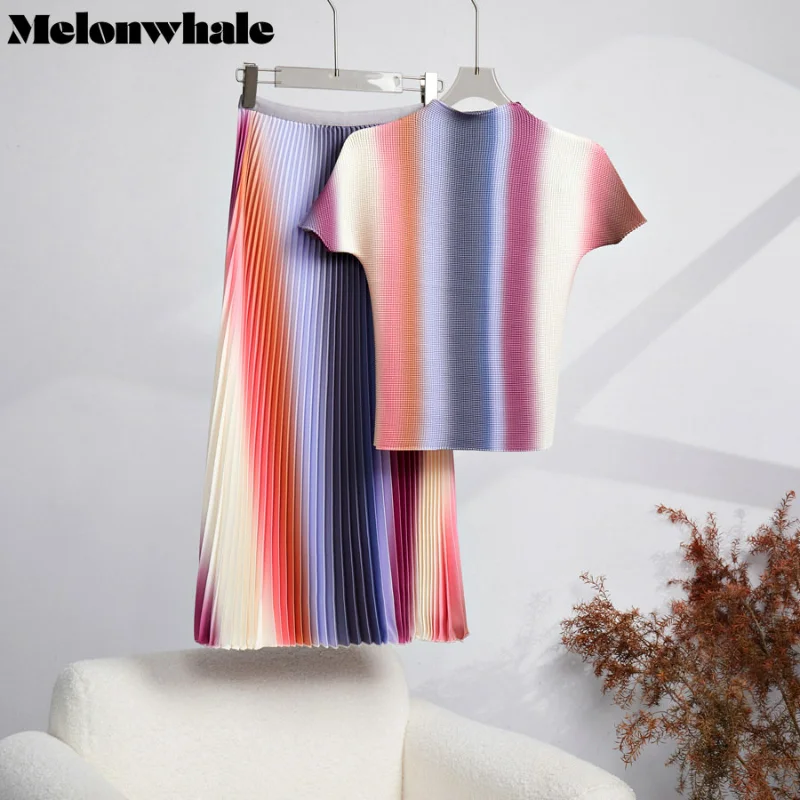 

MelonWhale Gradient Striped Print Pleated Two Piece Sets for Women Mock Neck Short Sleeve Top Elastic Waist Loose Skirt Set
