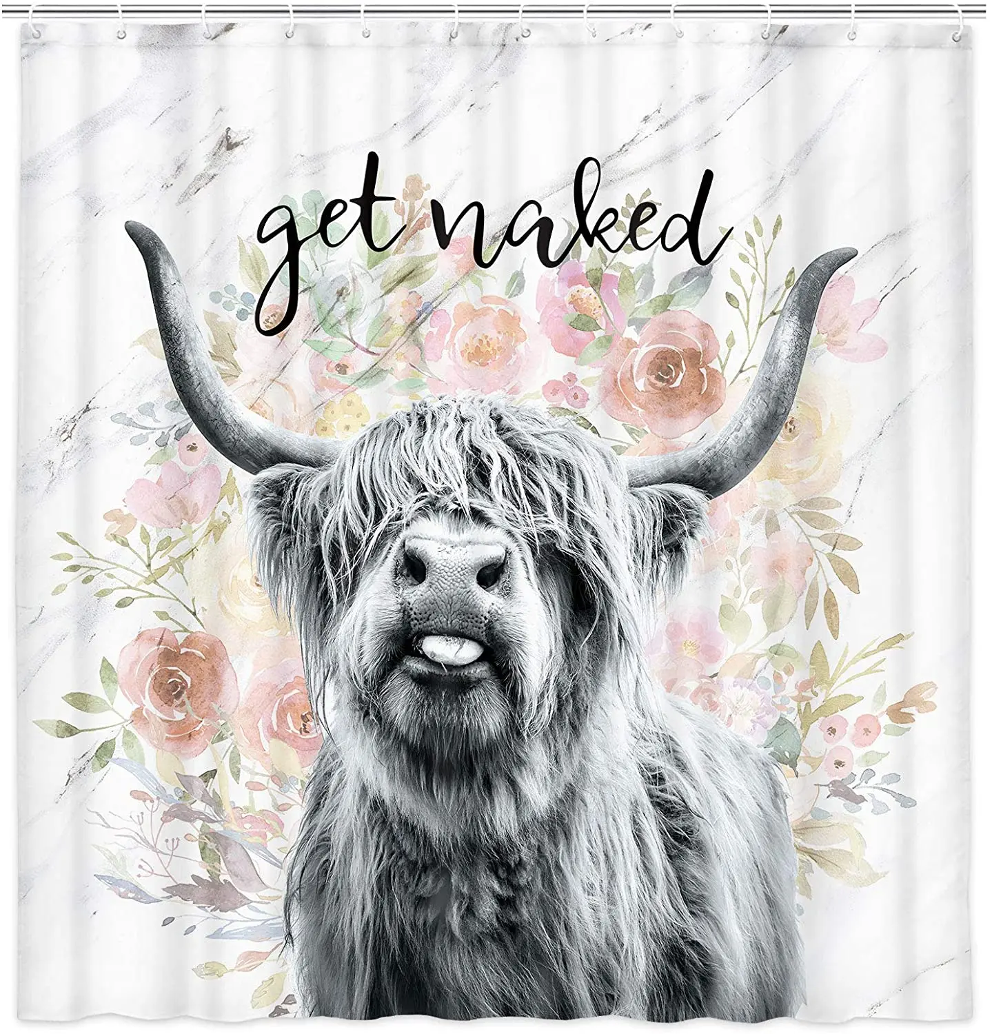 

Get Naked Fabric Shower Curtain Farmhouse Highland Bull with Hooks Funny Cattle Bull Cow Floral Marble Bathroom Curtains