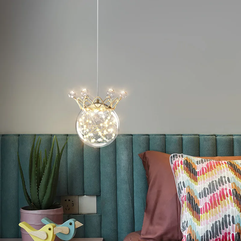 Creative Gold Crown Pendant Light for Bedroom Bedside Hanging Lamp With Gypsophila Lighting AC 220V Boy Girl Children Room Decor