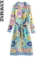 xnwmnz 2022 women fashion with belt printed cozy midi dress vintage long sleeve front buttons female chic dresses