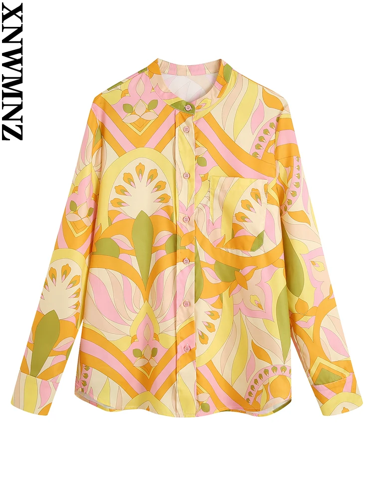 

XNWMNZ ladies fashion printed shirt female Vintage high round neck long sleeves summerbutton-up shirt 2022 new