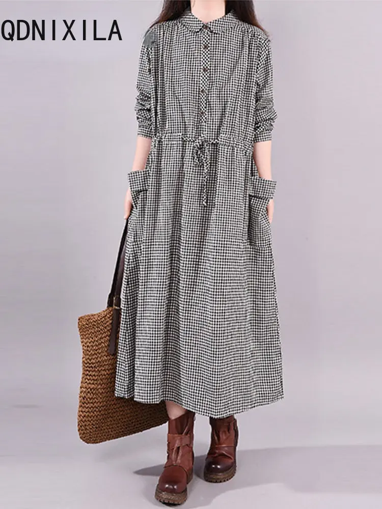

Cheap Dresses with Free Shipping New Women's Lace-up Waist Long Pattern Dress Loose Stitching Cotton Plaid Long-sleeved Dress