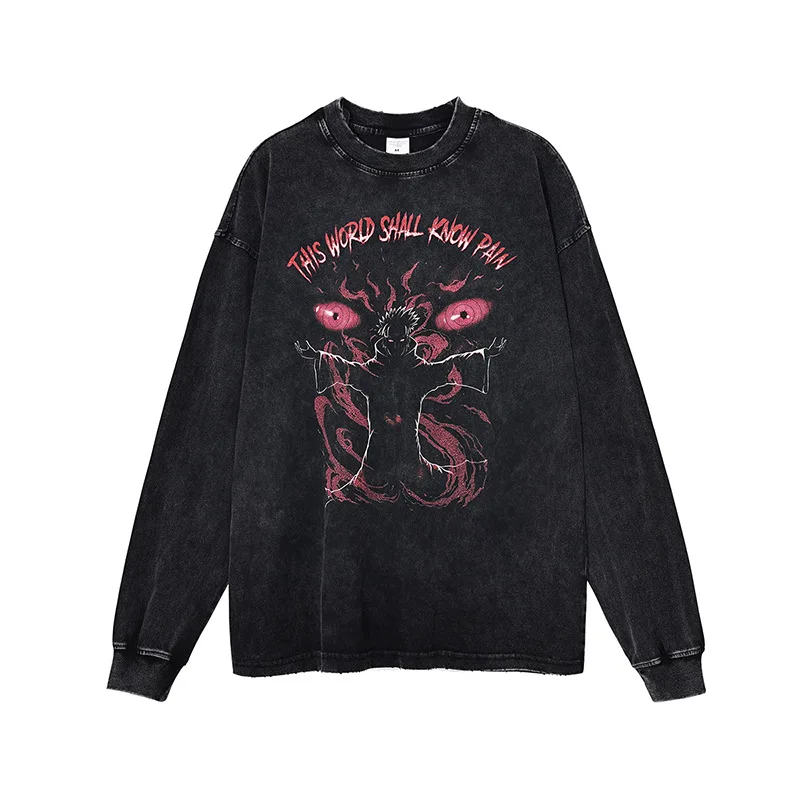 

ACTIONTUBE Men's Tshirt Dark Street Fashion Print Long Sleeve T-shirt Washed Damage Fashion Brand Backing T-shirt Men Clothing