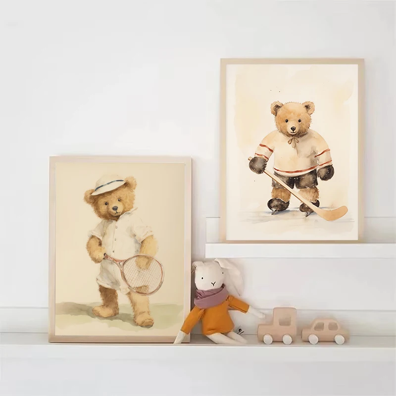 Акварель милый спортивный плюшевый мишка рыбалка гольф мультяшный постер холст