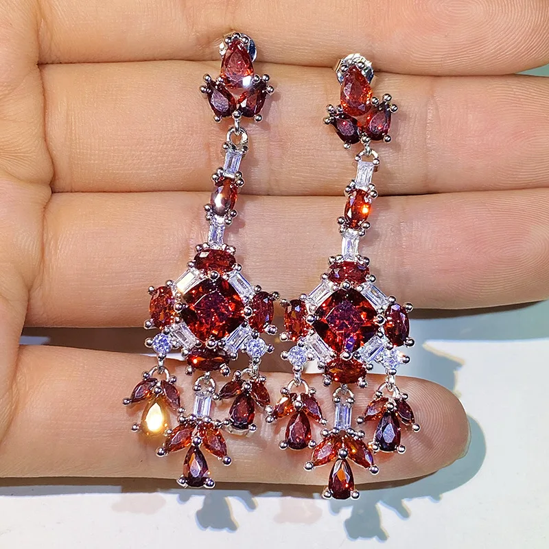 

925 silver retro diamond-studded red crystal tassel earrings light luxury palace style high-end exaggerated earrings women