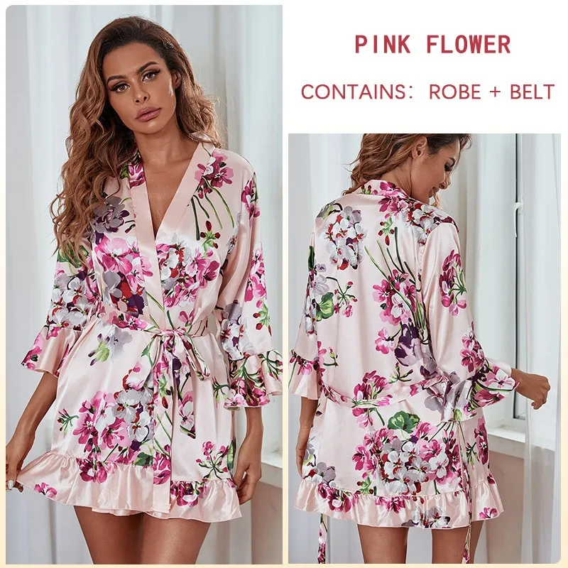 Satin Print Flower Robe Elegant Ruffles Sleepwear Summer V-neck Kimono Bathrobe Sexy Short Women's Dressing Gown Home Clothes
