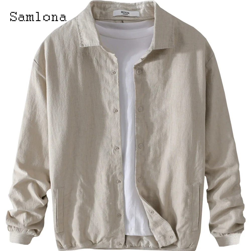 

Samlona Plus Size Men Casual Linen Jakcet Sexy Mens clothing 2023 Single Breasted Top Outerwear Male Long-sleeved Cotton Jackets