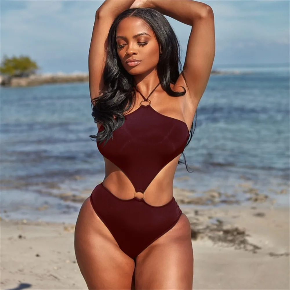 

Solid Sling Women Swimsuit 2022 Halter Beach Slim Bathing Suit Cut Out Bandage Backless Sleeveles Femme Beachwear
