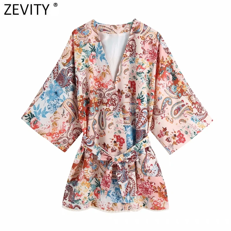 

Zevity Women Vintage V Neck Totem Floral Print Loose Kimono Smock Blouse Female Chic Bow Sashes Cardigan Shirt Blusa Tops LS9422