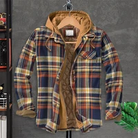 autumn winter men coat plaid pattern pockets padded thicken relaxed fit hoodie jacket streetwear