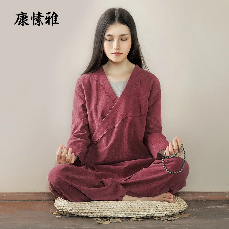 Chinese Style Women Yoga Tai Chi Martial Arts Set Cotton Linen Loose Sweatshirt+pant Casual Workout Meditation Kungfu Tang Suits