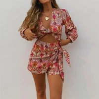 2022 new womens fashion sexy v neck top design lace up skirt two piece set summer sports sunscreen suit mini beach skirt
