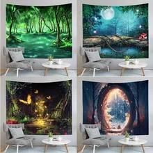 Fairy Tale Forest Tapestry Full Moon Night  Red Mushroom  Living Room Bedroom Dormitory Can Be Customized