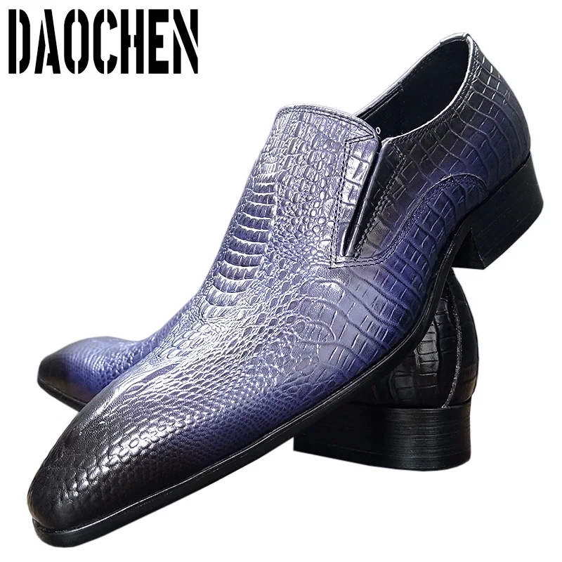 Black Blue Crocodile Print Pointed Toe Slip On Loafers Men Dress Shoes Wedding Office Men Casual Shoes