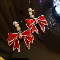 korean style red bowknot dangle earrings for women three pearl rhinestone earrings weddings party jewelry accessories