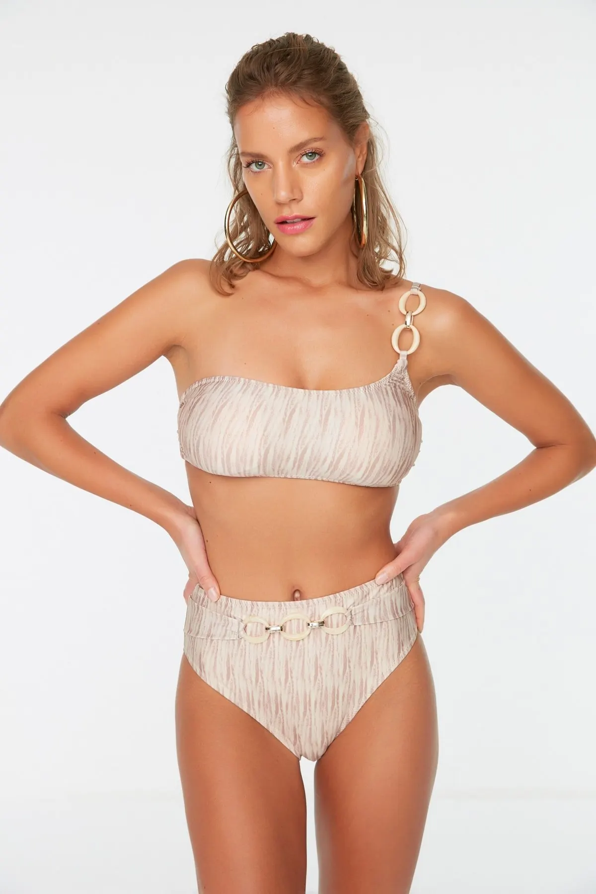 

Women's Bikini Beige Textured Accessory Detail High Waist Bikini Bottoms Swimwear Lady Swimsuit 2022 Summer New Pushup Bikinis