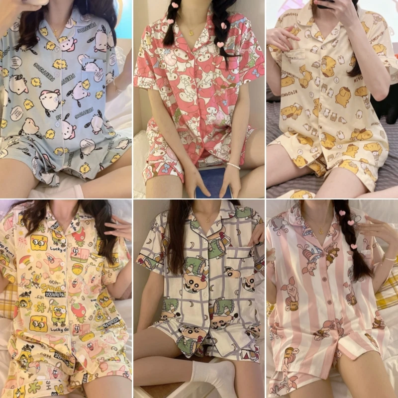 

Женская пижама Sanrio, домашняя одежда Hello Kitty, пижама Kuromi Cinnamoroll My Melody Kawaii С мультяшным отворотом и коротким рукавом, аниме, для девушек