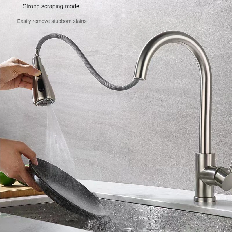 Stainless Steel Faucet Kitchen Pull-out Hot and Cold Household Vegetable Basin Sink Faucet Rotatable with 60cm Water Inlet Pipe