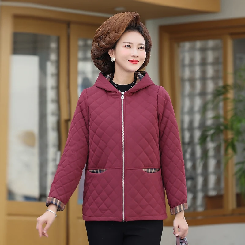 Autumn Winter Middle age Women Quilted Jacket Warm Lambswool Hooded Parkas Cotton-padded Tops Mother Light And Cotton Coat