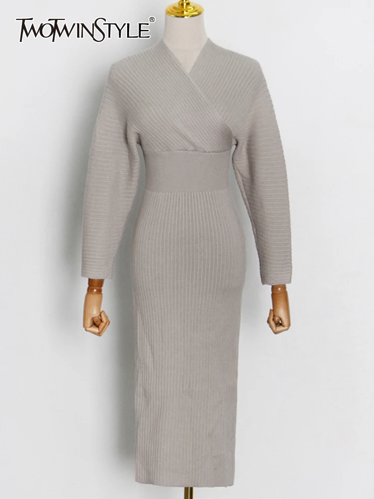 

TWOTWINSTYLE Solid Casual Dress For Women V Neck Long Sleeve High Waist Slimming Minimalist Dresses Female 2022 Winter Fashion