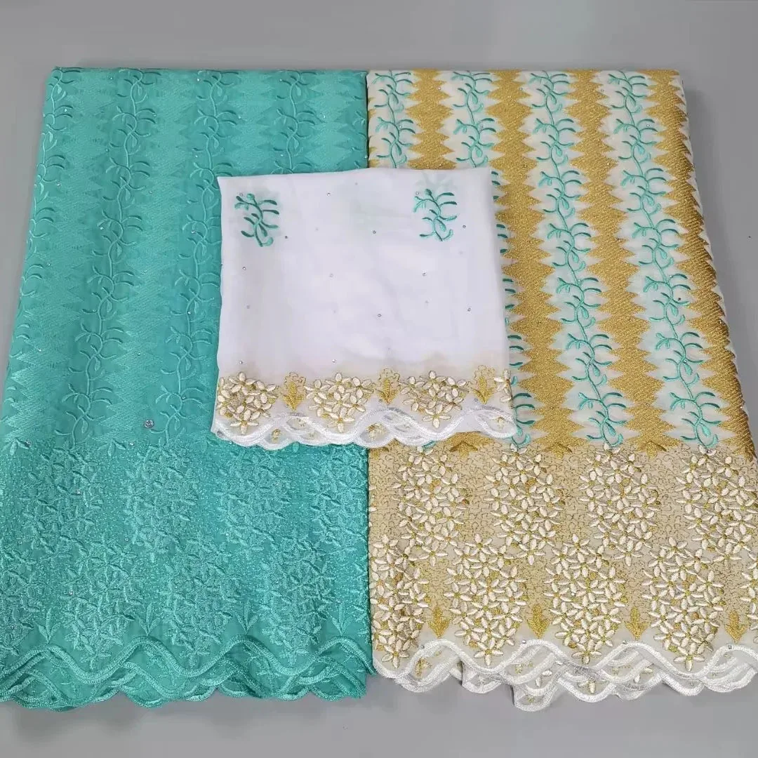 

2.5+2.5+2Yards High Quality Guipure Lace Fabrics And Silk Scarf 3In1 Set Rhinestones Embroidered African Lace Textile 2503C6