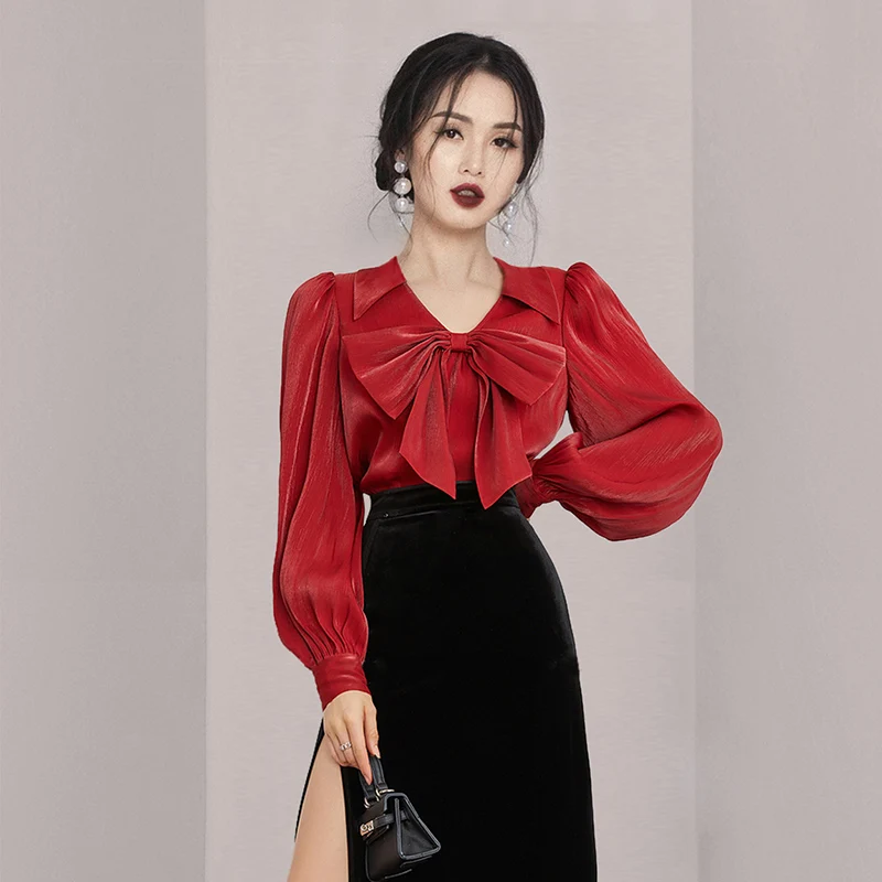 

COIGARSAM Blouse Women New French Style Bow V-Neck Blusas Womens Tops And Blouses Dropshipping