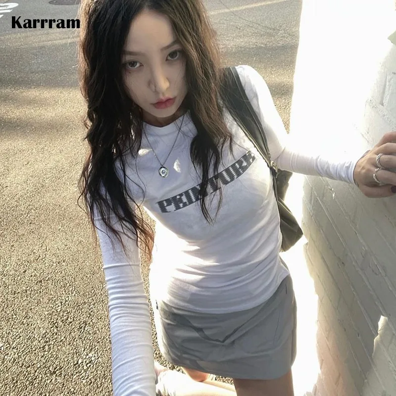 

Karrram Grunge Letter Print T-shirt Korean Fashion Long Sleeve Tee Shirt Vintage Japanese Harajuku Slim Tops Kpop Streetwear Y2k