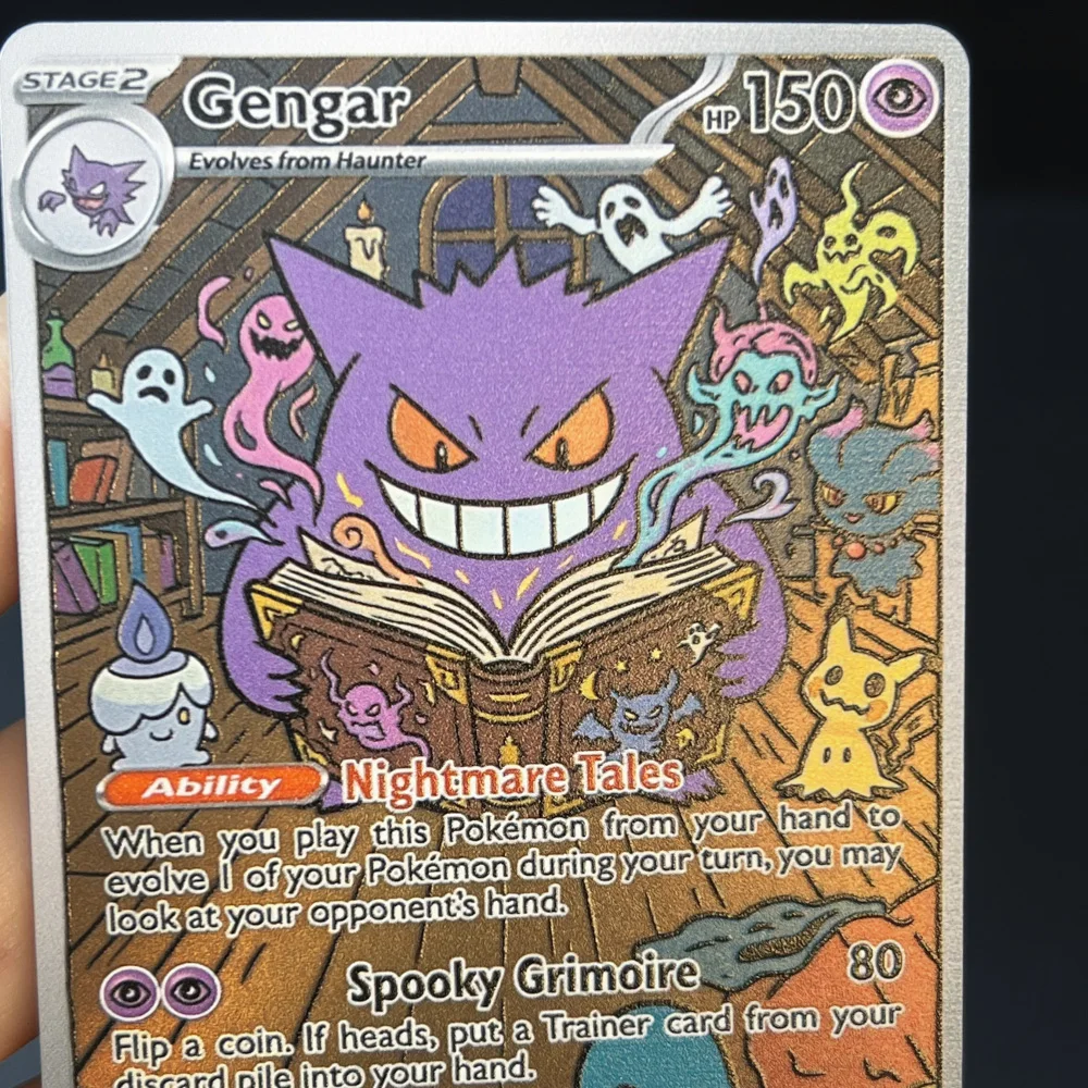 Фото 5 шт. голографических карт в стиле PTCG Pokemon: Gengar, Misdreavus, Pumpkaboo, Litwick, Mimikyu, подарочные карточки Pokemon, коллекционные флеш-карты Pokemon. №5