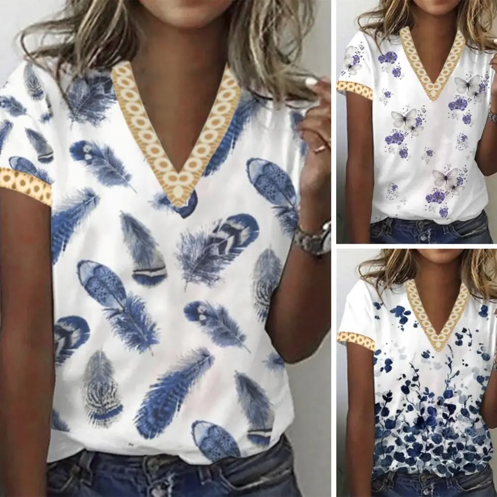 

Women Tee Shirt V-Neck Short Sleeve Lace Trim Women T-shirt Summer Butterflies Print Pullover Top Female Clothing Streetwear