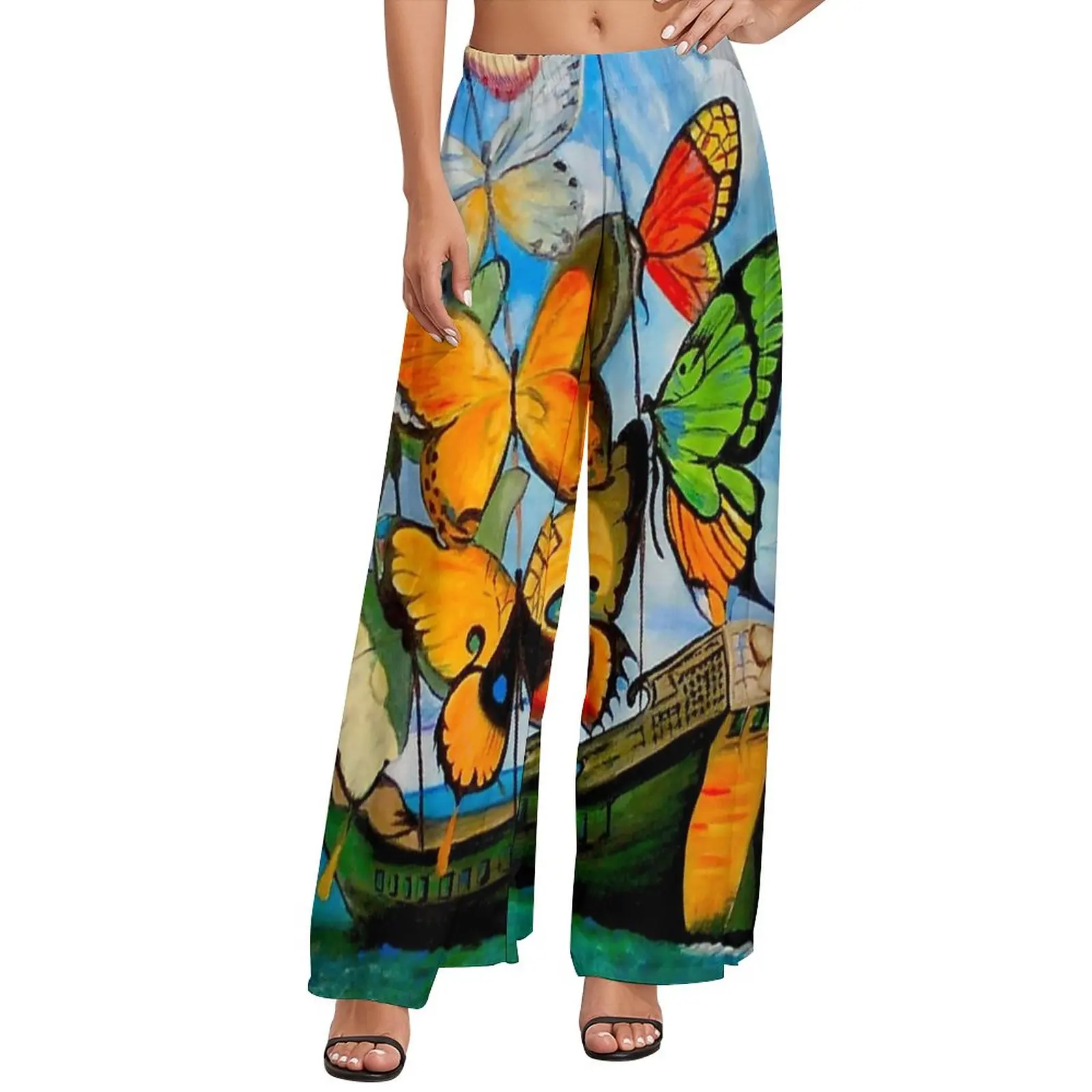 

Брюки женские с принтом бабочки и кораблем, классические Широкие штаны с абстрактным принтом, уличная одежда большого размера, прямые штаны на заказ