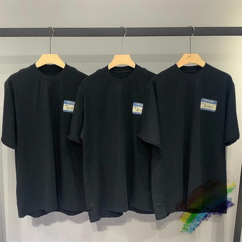 

23SS Top Quality Oversized Black Vetements T-Shirt HELLO Damaged Design Washed Hip Hop Men Women VTM Top Tees Techwear
