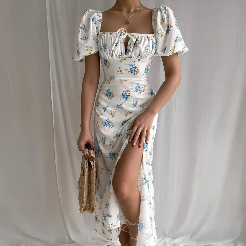 

2022 Fashion High-end Sweet Women's Wear Spring New Print French Broken Flower Open Back Slim Sling Dress