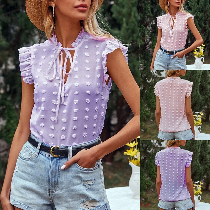 

Women's New Style Pure Color Simple Lotus Leaf Sleeve V-Neck Loose Top