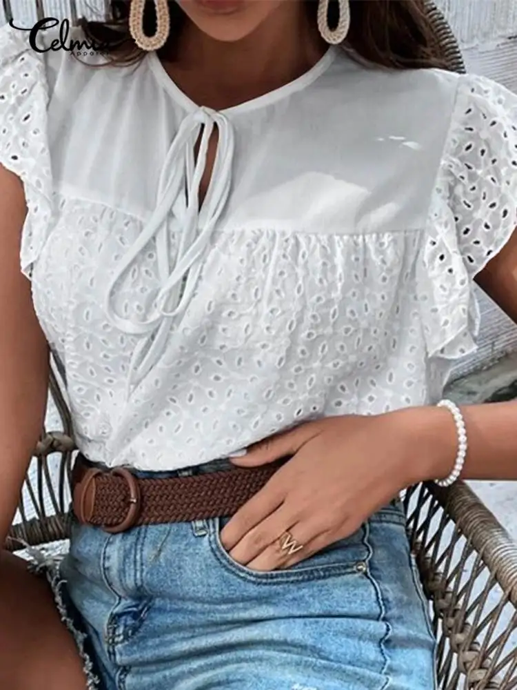 

2022 Summer Elegant Blouse Celmia Bandage O neck Tunics Flare Sleeves Tops Fashion Hollow Out Lacework Shirt Stitching Blusas