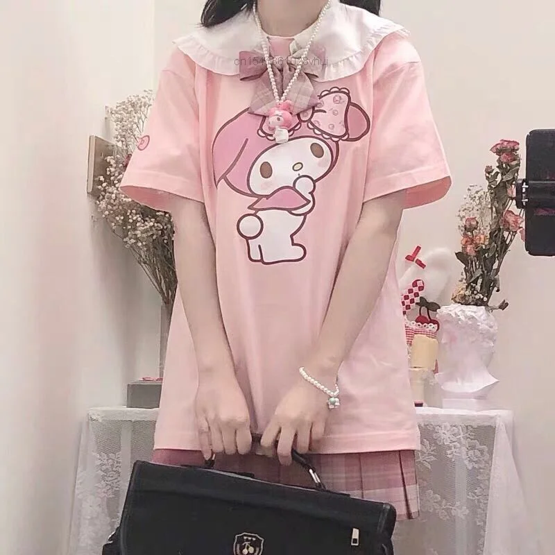 

Girly Pink Kawaii Cartoon Sanrio Melody Pure Cotton Short Sleeved T-shirt Summer Loose Top Trend Korean Style Pattern Clothe Y2k