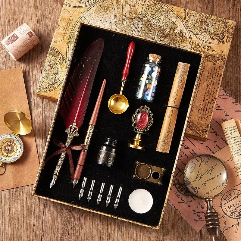 

Antique Feather Dip Pen Kit Retro Wooden Dip Pen Set Classic Wax Seal Stamp Kit for Calligraphy Art Words Gifts with 5 Nibs