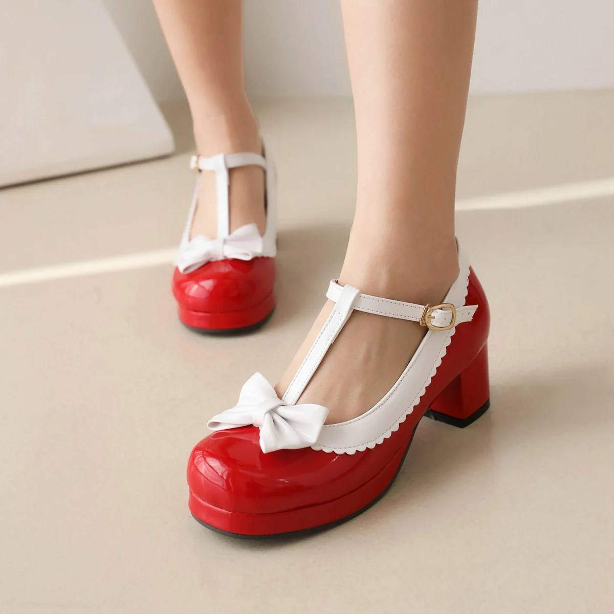 EDEELVEEYS Patent Leather Lolita Mary Jane Shoes Women Red Bowtie Ladies T Strap Chuncky High Heels Pumps Princess Bridal Party