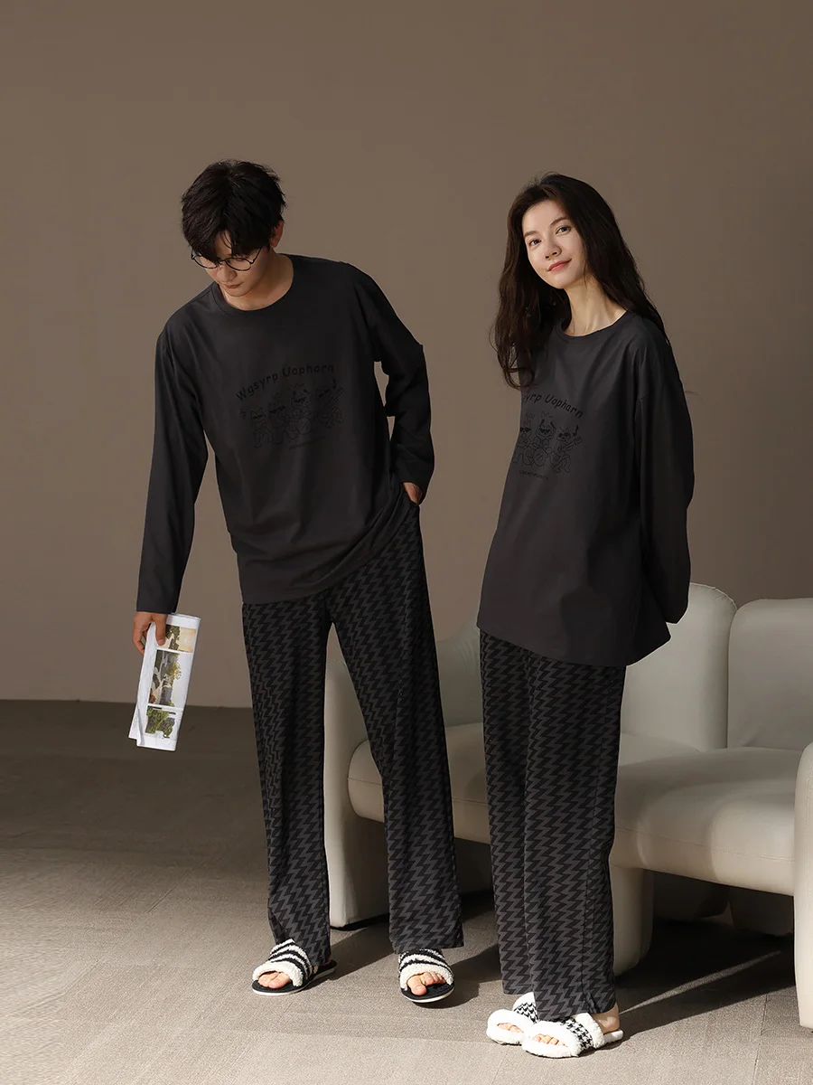 2024 New Couple Pajamas Men's and Women's Spring Autumn Cotton round Neck Long sleeve Trousers Teenagers High-End Home We...