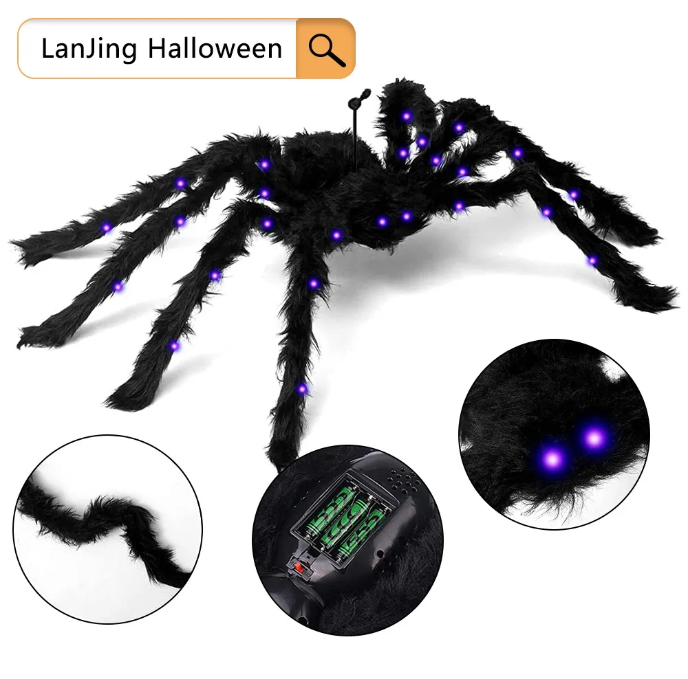 

75/125CM Halloween Glowing Spider Giant Plush Spider Horror Scary Simulation Props 3 AA Battery Powered Halloween Party Decor