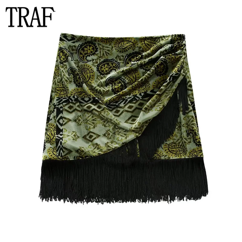 

TRAF Fringing Velvet Skirt Women Wrap Mini Skirts Womens 2023 Pleated High Waist Skirts for Women Autumn Boho Short Skirt Woman